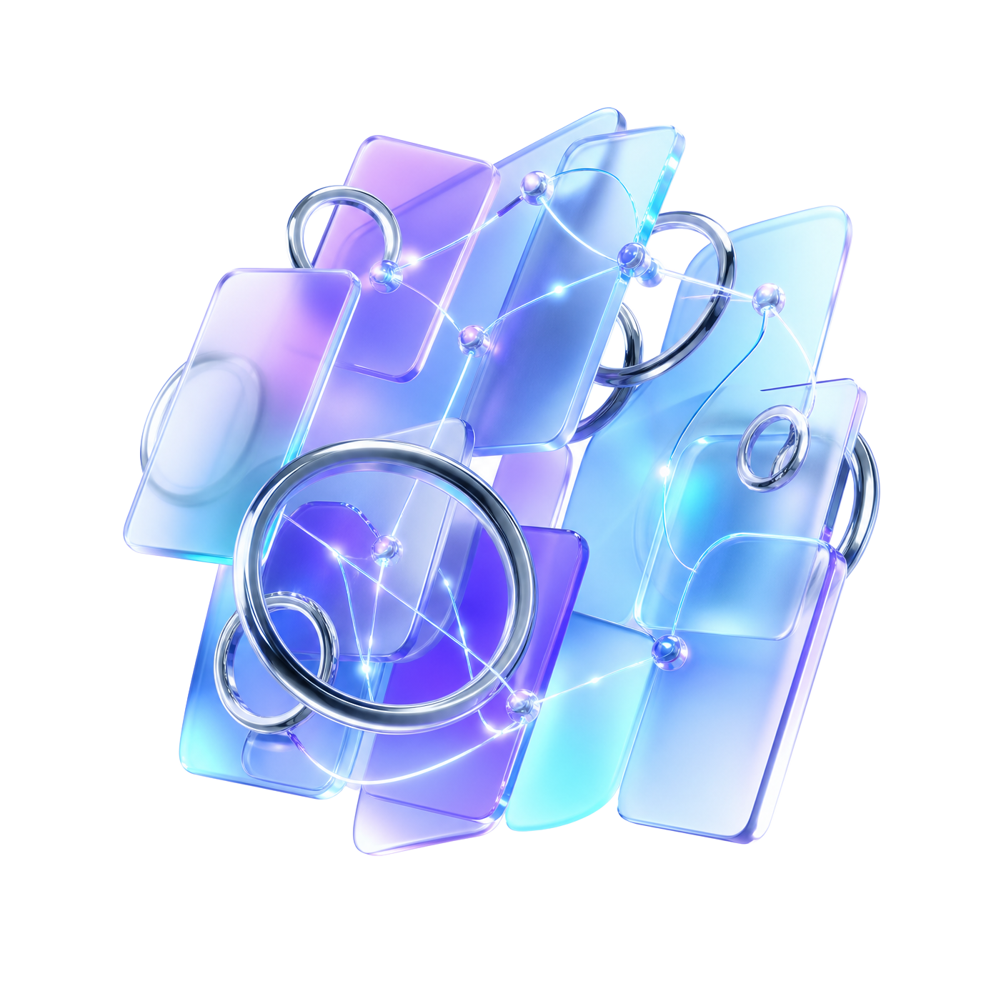 Abstract 3D render of layered glass panels and chrome rings connected by glowing nodes, representing AI automation systems